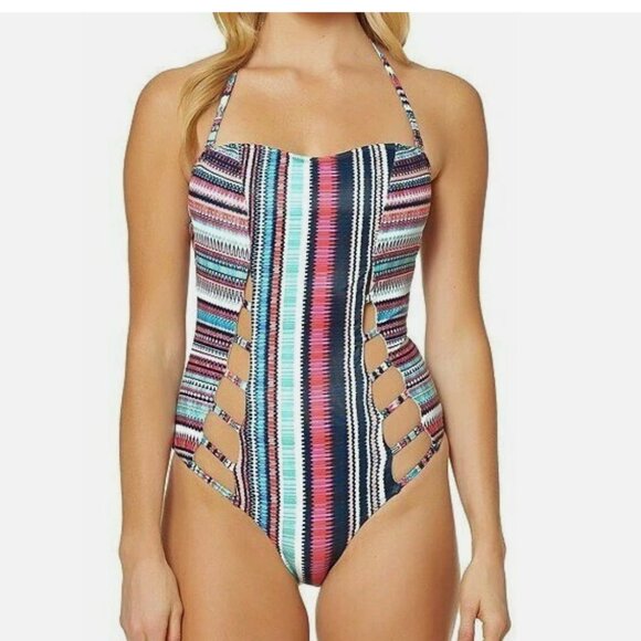 NWT Jessica Simpson Swimsuit 1 one piece Bandeau Montauk Seam Cut Strapless - Picture 1 of 3